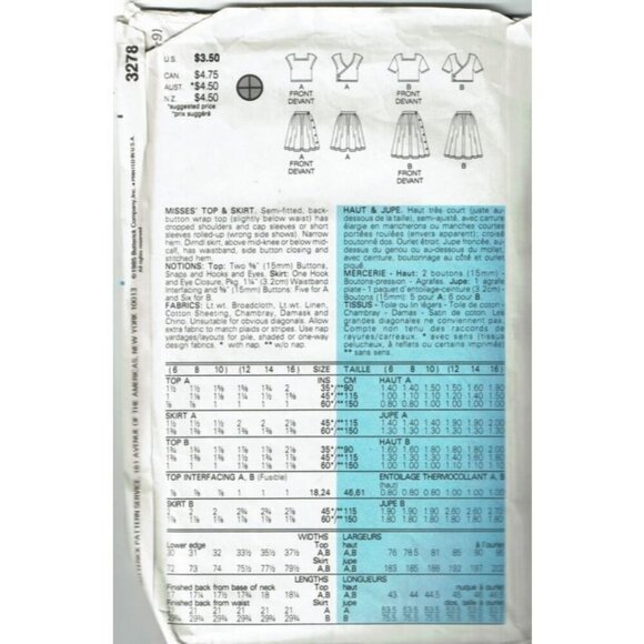 Butterick Sewing Pattern 3278 Top Skirt Misses Size 6-10 - Picture 2 of 2